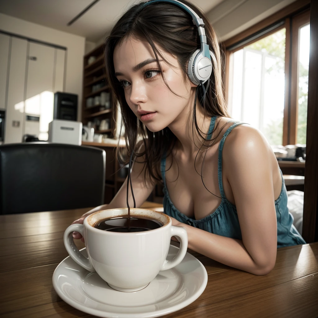 Cup of coffee using headphones
