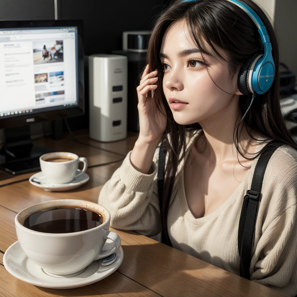Cup of coffee using headphones