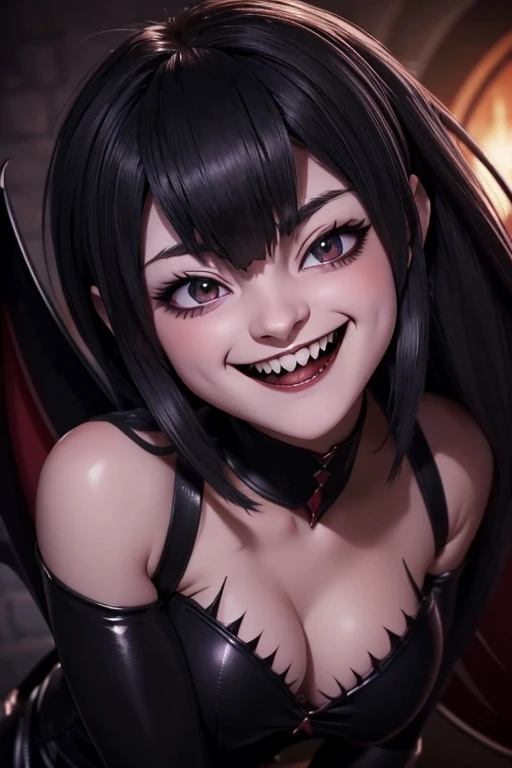 a close up of a woman with a creepy smile on her face, with fangs, fangs, anime vampires, fangs extended, malevolent smile, vampire girl, prominent jaw and visible fangs, large fangs, dark vampire, anime monster girl, grinning lasciviously, 