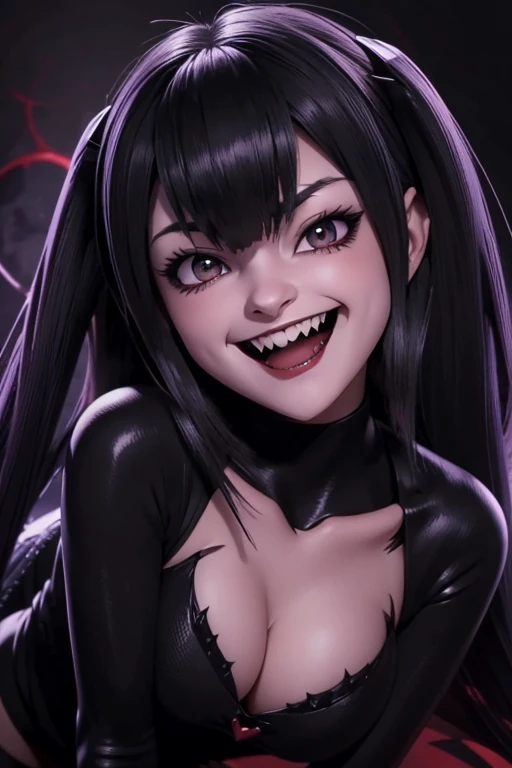 a close up of a woman with a creepy smile on her face, with fangs, fangs, anime vampires, fangs extended, malevolent smile, vampire girl, prominent jaw and visible fangs, large fangs, dark vampire, anime monster girl, grinning lasciviously,