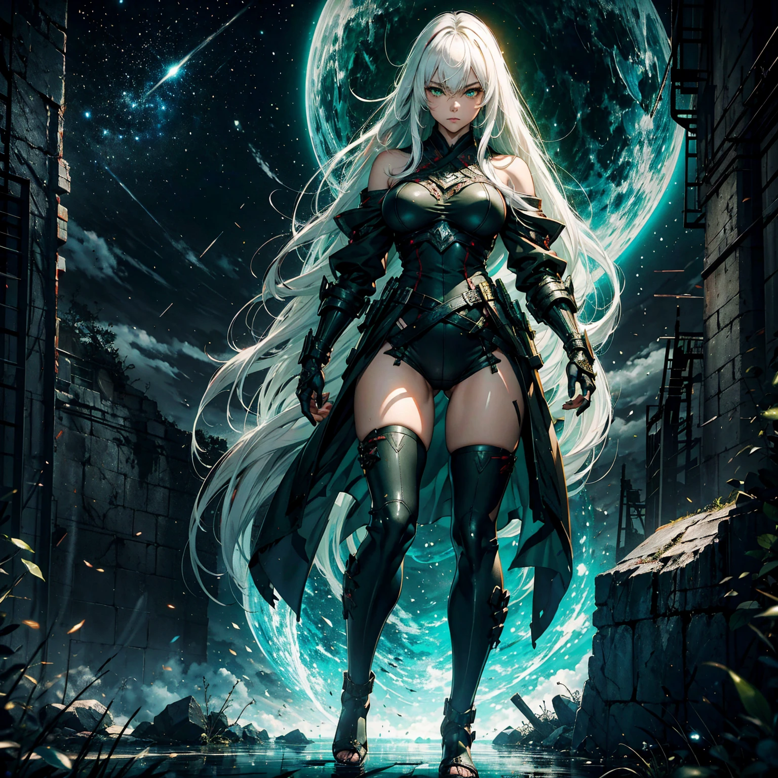 1girl!!! (solo), long hair, bangs raise, light white hair, big breasts, small size, green eyes, very fair skin, serious face, black tight kimono armor, deep neckline, blood, full body, night, dark cave, very sexy body, detailed face, highly detailed, 8k, best quality, masterpiece, vibrant colors, digital art, concept art