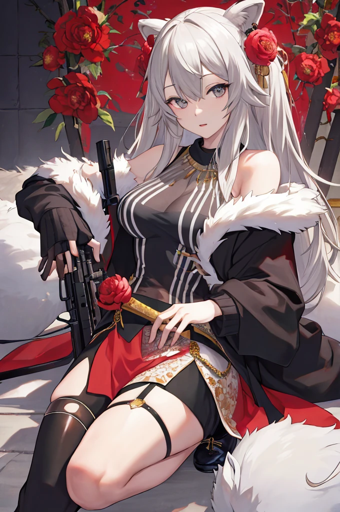 masterpiece、Highest quality、Highly detailed face、Highly detailed eyes、Highly detailed background、Perfect lighting、One girl、solo、8K、peony、peony衣装、Fur trimming、Jacket、Long Hair、Assault rifle