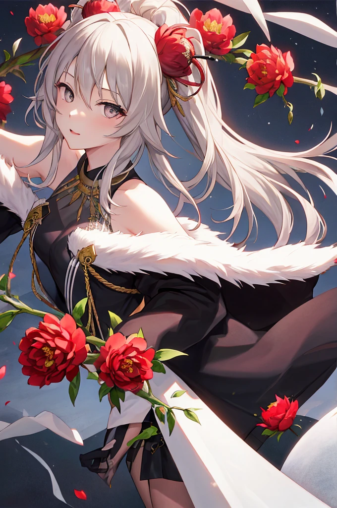 masterpiece、Highest quality、Highly detailed face、Highly detailed eyes、Highly detailed background、Perfect lighting、One girl、solo、8K、peony、peony衣装、Fur trimming、Jacket、Long Hair、Assault rifle