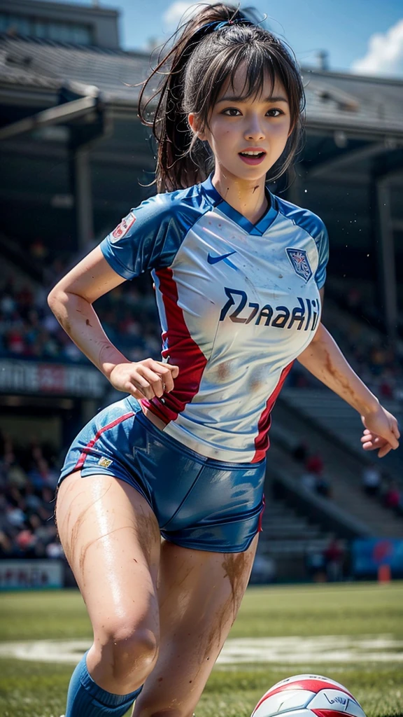 Highest quality, High resolution:1.2, Very detailed, Realistic:1.3, ((Beautiful woman))、((Super tight uniform))、((Super big breasts))、(The abdomen is visible)、Vibrant colors, play soccer,((Blunt bangs))、Various Hair Styles、Different hair colors、With bangs、Wet Hair, concentrate, splash, Action Shots, Grass blotches, Muddy ground, Wet turf, decide, Fast-paced games, Athletic physique, Shiny soccer ball, Wet Uniform, raindrop, Blurred motion, ボールにconcentrateする, Intense competition, Skillful dribbling, Energetic play, Teamwork, powerful shoots, Wet pitch, Passionate sports, Fierce decide, Humid atmosphere, Fluid movement, emotional expression、Dramatic lighting, Women's Sports, Avid athletes, Exciting Games, Endure, Excited state, Speed and agility, Energetic play, 濡れたsplash、smile、Red Uniform