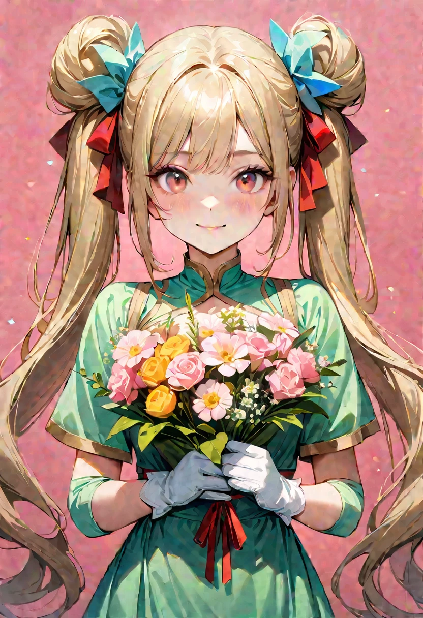 20 years old,1 girl,hyperrealistic, 8k, (extremely detailed 8k), (very delicate and beautiful), (masterpiece), (better quality:1.0), (ultra high resolution:1.0), (masterpiece, best quality), cute,blonde,cleavage cutout,(broen dress:1.3),(crop top navel:1),gleaming skin,twintails,twin bun,a red ribbon on the head,long hair,pastel green frill Chinese-made dress,white long gloves,delighted,pink border,hold a bouquet of flowers,from the front,a bunch of flowers,POV,bust shot