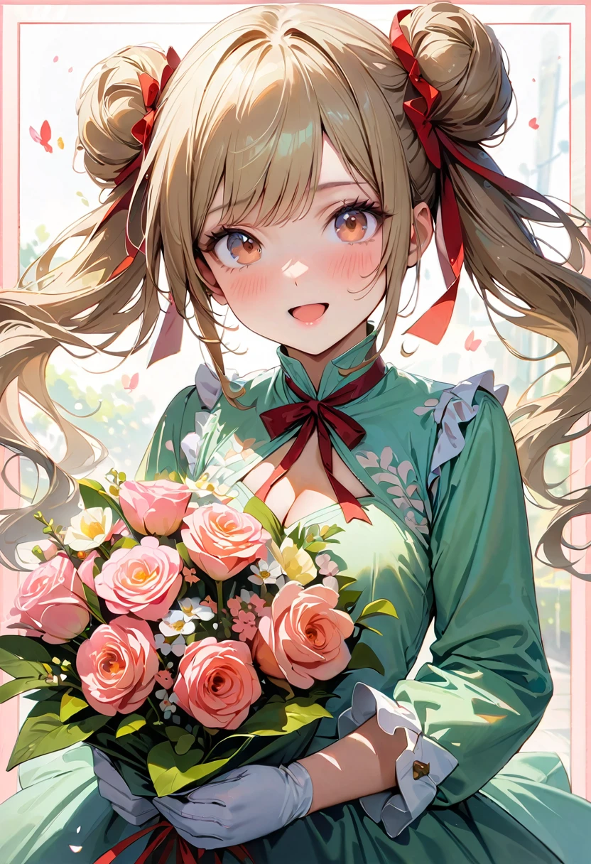 20 years old,1 girl,hyperrealistic, 8k, (extremely detailed 8k), (very delicate and beautiful), (masterpiece), (better quality:1.0), (ultra high resolution:1.0), (masterpiece, best quality), cute,blonde,cleavage cutout,(broen dress:1.3),(crop top navel:1),gleaming skin,twintails,twin bun,a red ribbon on the head,long hair,pastel green frill Chinese-made dress,white long gloves,delighted,pink border,hold a bouquet of flowers,from the front,a bunch of flowers,POV,bust shot