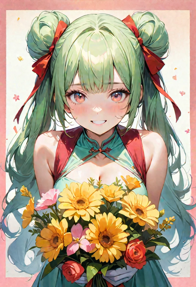 20 years old,1 girl,hyperrealistic, 8k, (extremely detailed 8k), (very delicate and beautiful), (masterpiece), (better quality:1.0), (ultra high resolution:1.0), (masterpiece, best quality), cute,blonde,cleavage cutout,(broen dress:1.3),(crop top navel:1),gleaming skin,twintails,twin bun,a red ribbon on the head,long hair,pastel green frill Chinese-made dress,white long gloves,delighted,pink border,hold a bouquet of flowers,from the front,a bunch of flowers,POV,bust shot