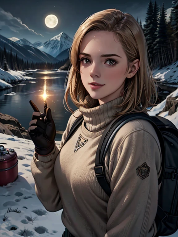 1 female((upper body selfie, Happy)), masterpiece, highest quality, Super detailed, alone, outdoor, (night), Mountain, nature, (performer, moon) Hilarious, Happy, Backpack, sleeping bag, camping stove, Water bottle, mountain boots, gloves, sweater, have, flashlight, forest, rock, river, wood, cigarette, Shadow, contrast, sunny, analog style (look at the audience:1.2) (skin texture) (film grain:1.3), (warm shades, warm tones)