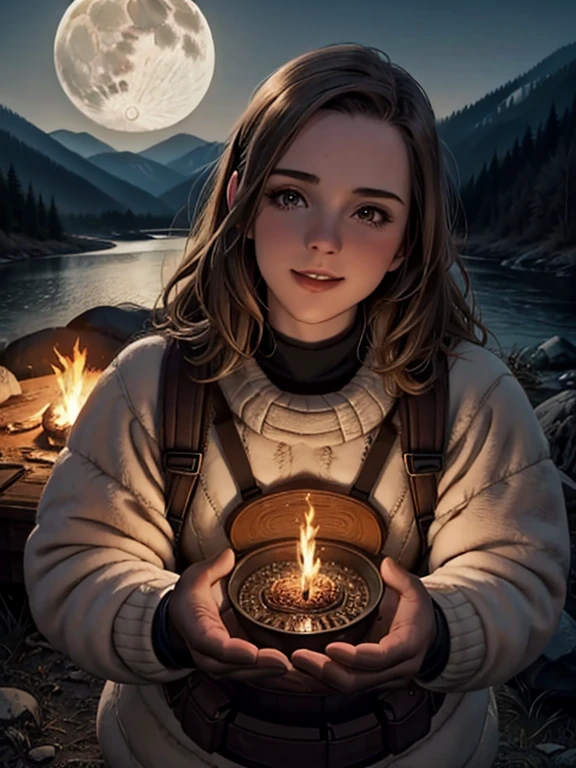 1 female((upper body selfie, Happy)), masterpiece, highest quality, Super detailed, alone, outdoor, (night), Mountain, nature, (performer, moon) Hilarious, Happy, Backpack, sleeping bag, camping stove, Water bottle, mountain boots, gloves, sweater, have, flashlight, forest, rock, river, wood, cigarette, Shadow, contrast, sunny, analog style (look at the audience:1.2) (skin texture) (film grain:1.3), (warm shades, warm tones)