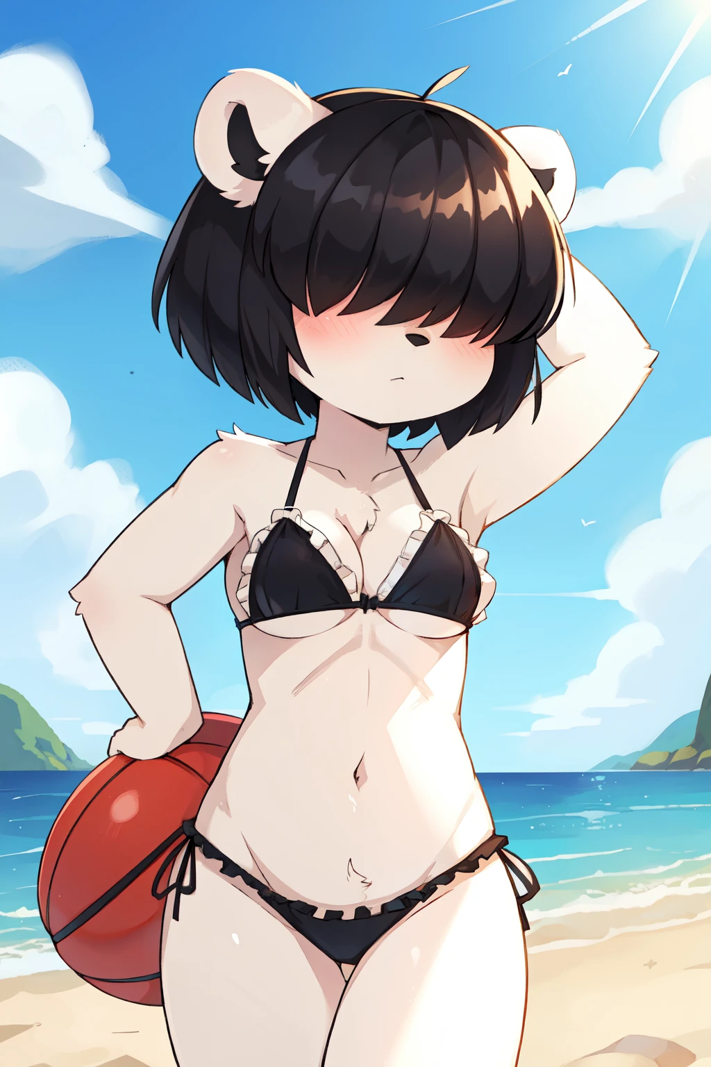 score_9,score_8_up,score_7_up, source_cartoon, source_furry, polar bear girl, female, (solo), fluffy hair, ((hair over eyes)), black hair, short hair, twintail hair, ((fluffy body)), polar bear tail, black polar bear ears, medium breasts, ((black frilly bikini)), beach, clear sky, uperbody,