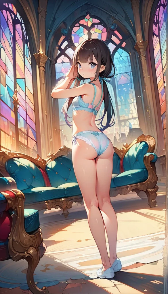 (masterpiece:1.8),(Highest quality:1.8),(Very detailed:1.8),(8k:1.8),(Ultra-fine Illustration:1.5),,,Straight low twintail,Flat Chest,Small Ass,(High-grade ,,lingerie:1.4),(Prayer Pose:1.5),Vintage sofa,,(Full body angle), Stained glass, Rainbow Gradient, Foundation, (bra:1.3), (lingerie,レース),