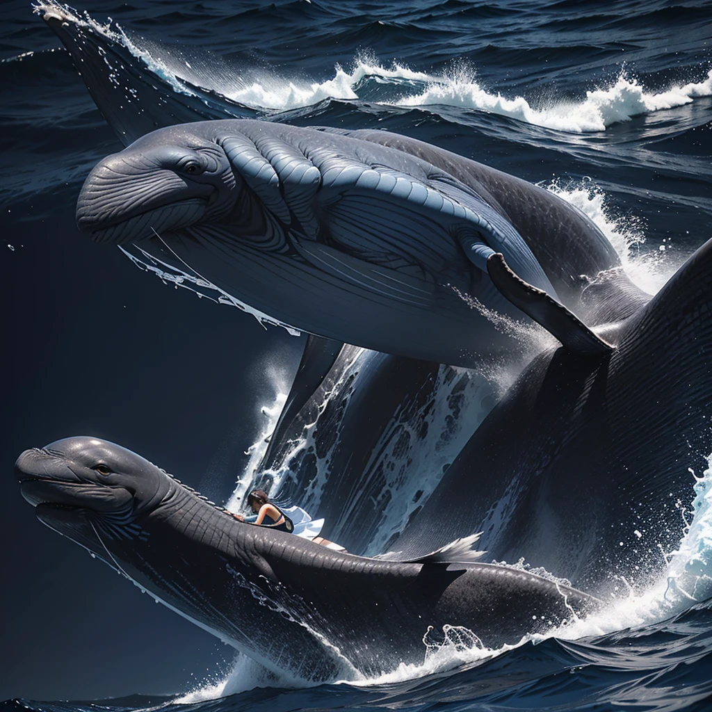 "A blue whale swimming in the deep blue ocean. The immense size and graceful movements are emphasized, with sunlight illuminating the water in the background."