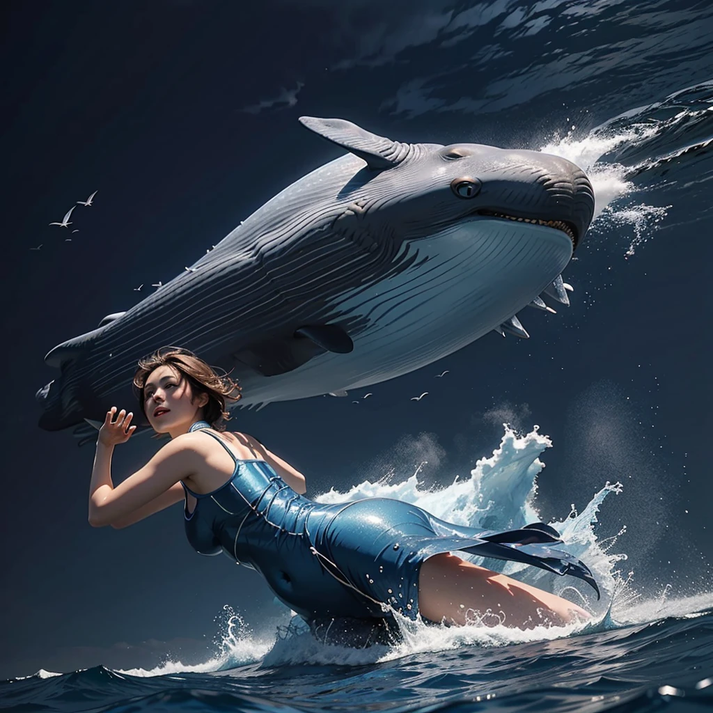 "A blue whale swimming in the deep blue ocean. The immense size and graceful movements are emphasized, with sunlight illuminating the water in the background."