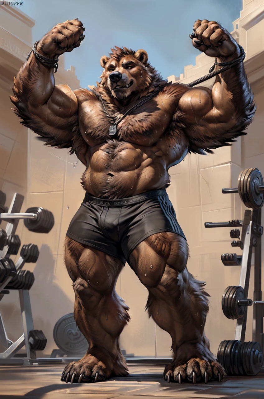 "Masterpiece, Cool Pose, Furry bear, grizzly bear, furry body, anthro thick brown grizzly bear, (monotone brown fur:1.3), male, black beard, brown thick chest fur, adult, (heavily thick muscular, manly, brutal, masculine:1.4), brown eyes, realistic eyes, Casual Set, Fierce, Good looking, Smirking, Sexy, Hunk, Looking To Front, God-like body-built, look at Sitting InBench, Gym setups, Gym Background, (by Taran Fiddler, by Chunie, by Rukis, Bonifasko lighting), best posture, claws on hands, (photorealistic fur, detailed fur, epic, masterpiece:1.2), sexy shadows, (by echin, by Taran Fiddler, by takemoto arashi, by Traver009, by Juiceps), (detailed eyes:1.2), impressive physique, Focus on the front, Watching the Perfect bod, cable crossover machine motivation, black shorts, wearing a black tank top, working out,(sweat:1.4)