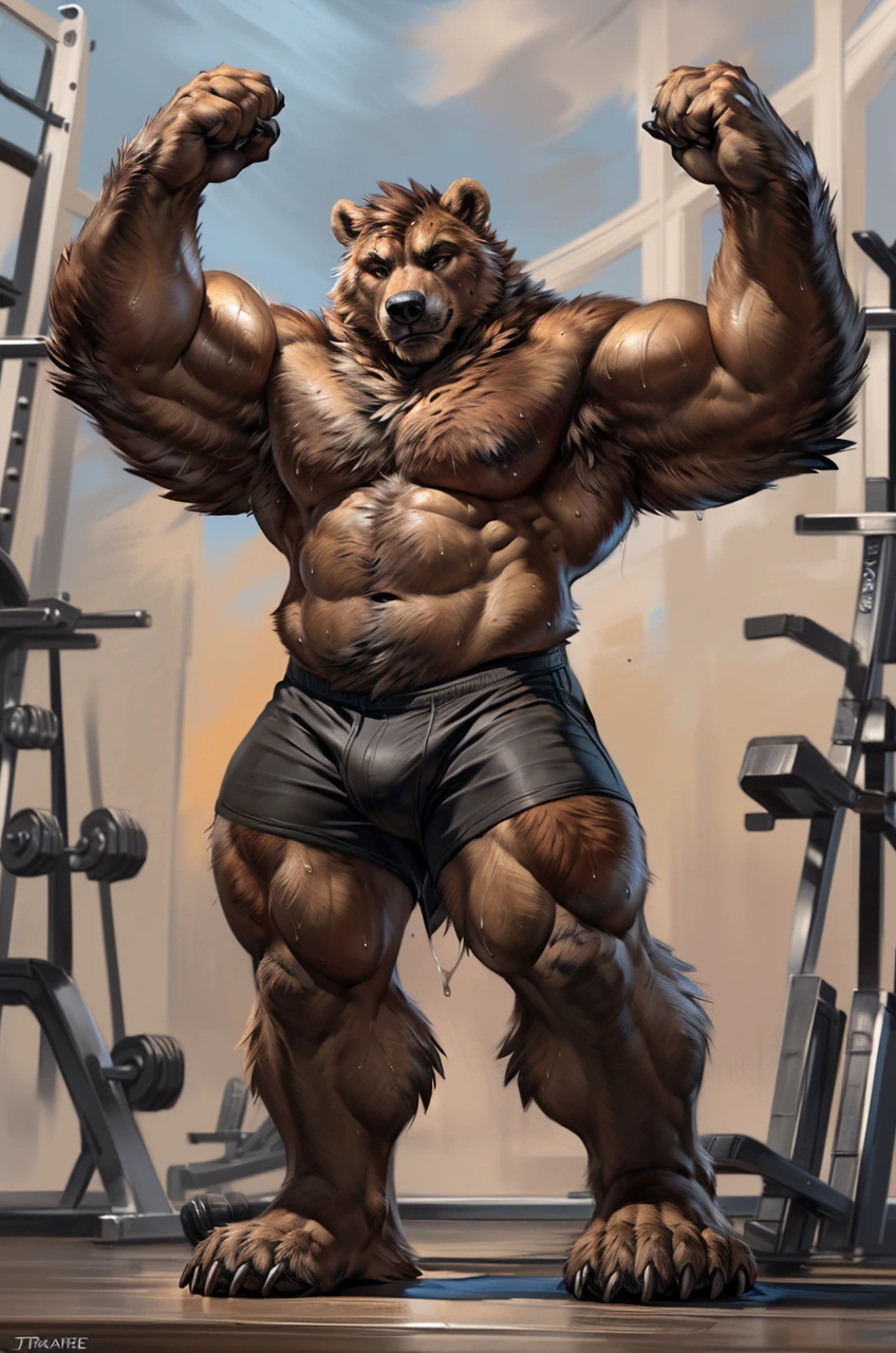 "Masterpiece, Cool Pose, Furry bear, grizzly bear, furry body, anthro thick brown grizzly bear, (monotone brown fur:1.3), male, black beard, brown thick chest fur, adult, (heavily thick muscular, manly, brutal, masculine:1.4), brown eyes, realistic eyes, Casual Set, Fierce, Good looking, Smirking, Sexy, Hunk, Looking To Front, God-like body-built, look at Sitting InBench, Gym setups, Gym Background, (by Taran Fiddler, by Chunie, by Rukis, Bonifasko lighting), best posture, claws on hands, (photorealistic fur, detailed fur, epic, masterpiece:1.2), sexy shadows, (by echin, by Taran Fiddler, by takemoto arashi, by Traver009, by Juiceps), (detailed eyes:1.2), impressive physique, Focus on the front, Watching the Perfect bod, cable crossover machine motivation, black shorts, wearing a black tank top, working out,(sweat:1.4)