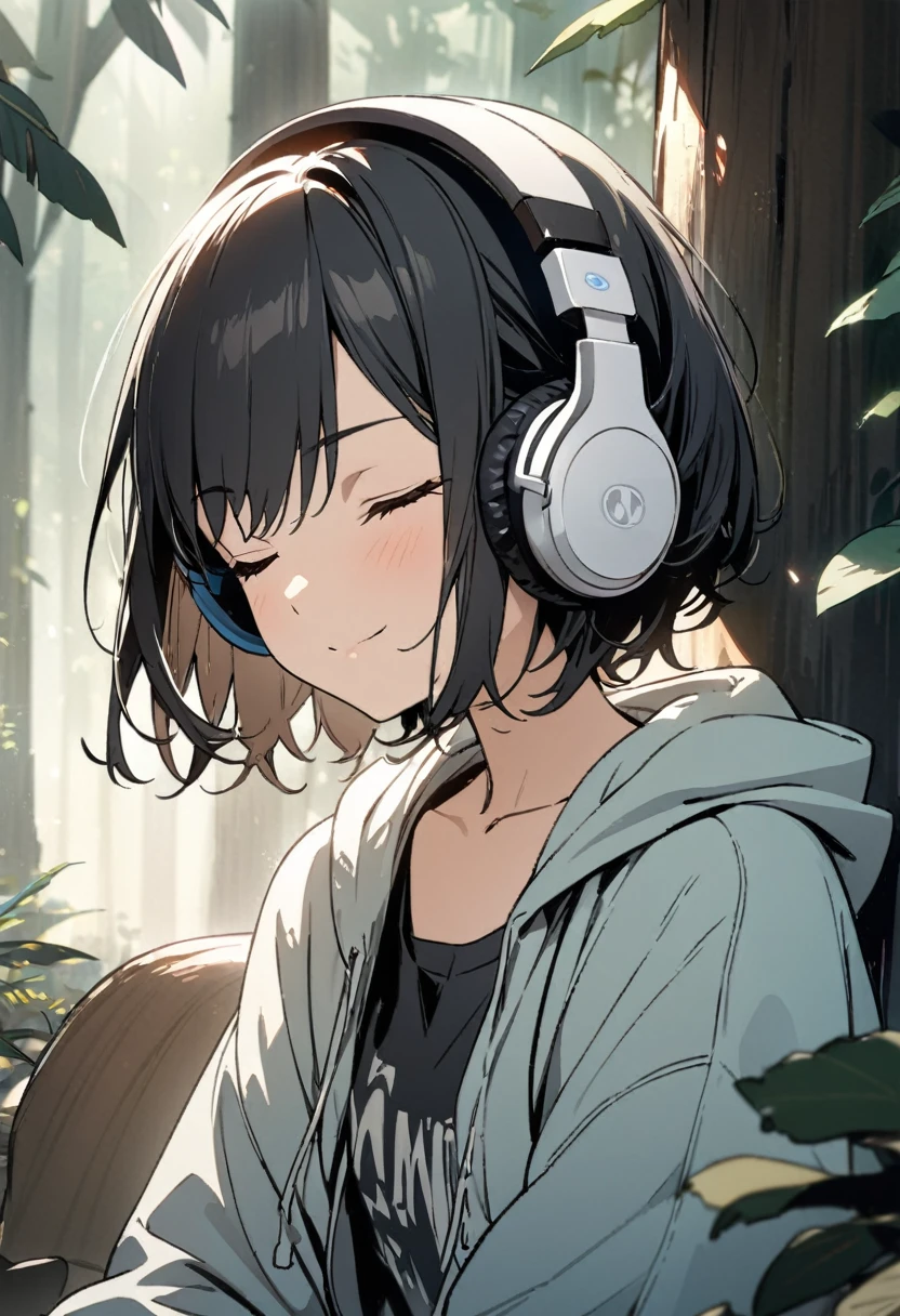 1girl, solo, gentle smile on her face flat chest, short hair, black hair, upper body, ((masterpiece, illustration, best quality)) ((best quality)), ((masterpiece)), (detailed), perfect face, sitting under a forest (Eucalyptus deglupta), listening to music, One woman, wearing headphones, eyes closed, wearing a hoodie