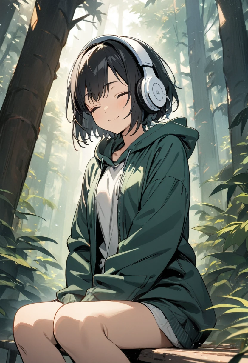 1girl, solo, gentle smile on her face flat chest, short hair, black hair, upper body, ((masterpiece, illustration, best quality)) ((best quality)), ((masterpiece)), (detailed), perfect face, sitting under a forest (Eucalyptus deglupta), listening to music, One woman, wearing headphones, eyes closed, wearing a hoodie