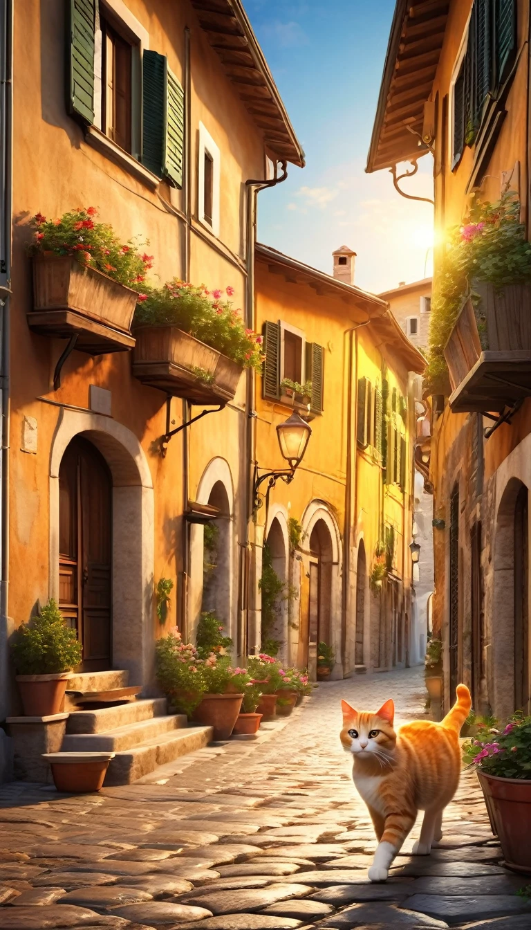 1cat running through the streets of a charming Italian town,,sharp focus,physically-based rendering,extreme detail description,professional,vivid colors,bokeh,street scene,medieval architecture,cobblestone roads,colorful buildings,laundry hanging from windows,potted plants,cats,warm lighting,golden hour,picturesque,cinematic,landscape,photography
