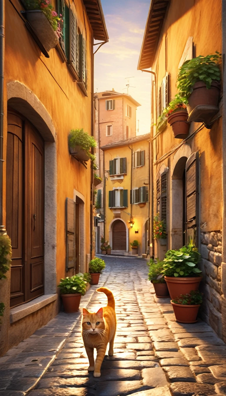 1cat running through the streets of a charming Italian town,,sharp focus,physically-based rendering,extreme detail description,professional,vivid colors,bokeh,street scene,medieval architecture,cobblestone roads,colorful buildings,laundry hanging from windows,potted plants,cats,warm lighting,golden hour,picturesque,cinematic,landscape,photography