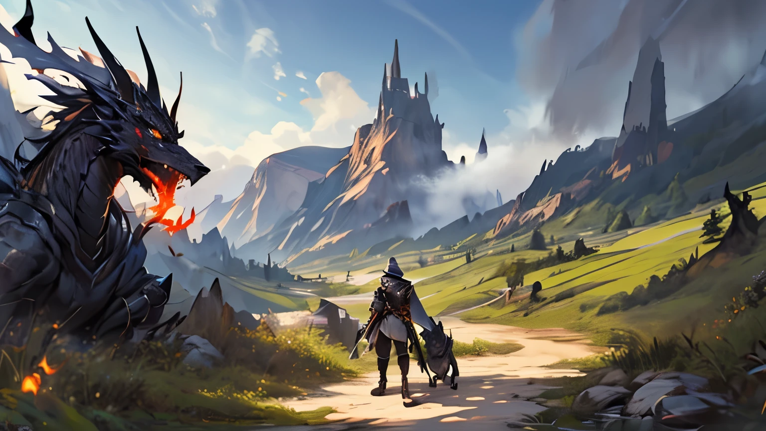 a medieval knight in a valley, behind him a black dragon breathing fire