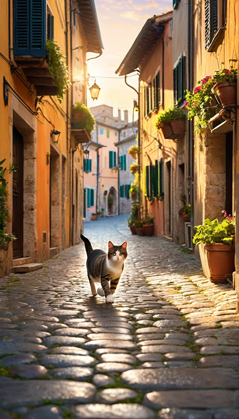 1cat running through the streets of a charming Italian town,,sharp focus,physically-based rendering,extreme detail description,professional,vivid colors,bokeh,street scene,medieval architecture,cobblestone roads,colorful buildings,laundry hanging from windows,potted plants,cats,warm lighting,golden hour,picturesque,cinematic,landscape,photography
