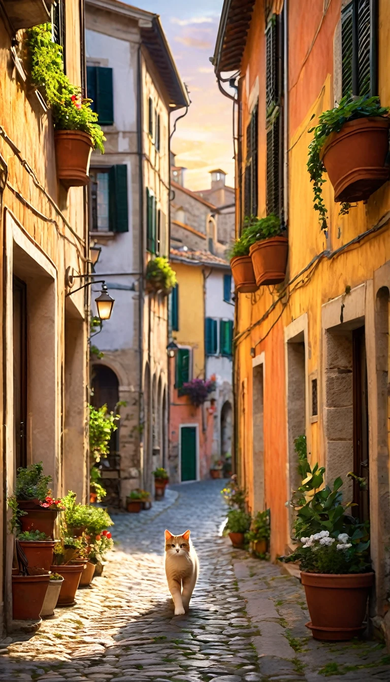 1cat running through the streets of a charming Italian town,,sharp focus,physically-based rendering,extreme detail description,professional,vivid colors,bokeh,street scene,medieval architecture,cobblestone roads,colorful buildings,laundry hanging from windows,potted plants,cats,warm lighting,golden hour,picturesque,cinematic,landscape,photography

