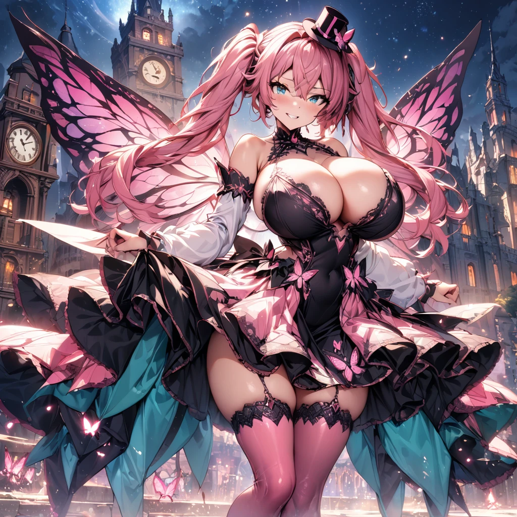 (masterpiece), best quality, expressive eyes, perfect face,(((1girl))),hatsune miku,(mini hat:1.2),(pink and black intricate dress:1.5),(black and pink intricate stockings),detached sleeves,bracelets,big breasts,cleavage,curvy,standing,head tilt,(evil grin),fantasy scenery,castle,clock tower,(night:1.1),(starry sky:1.1),(pink butterfly wings),garterbelt,(particles:0.9),(sparkles:0.9),(glitter:0.9),full body