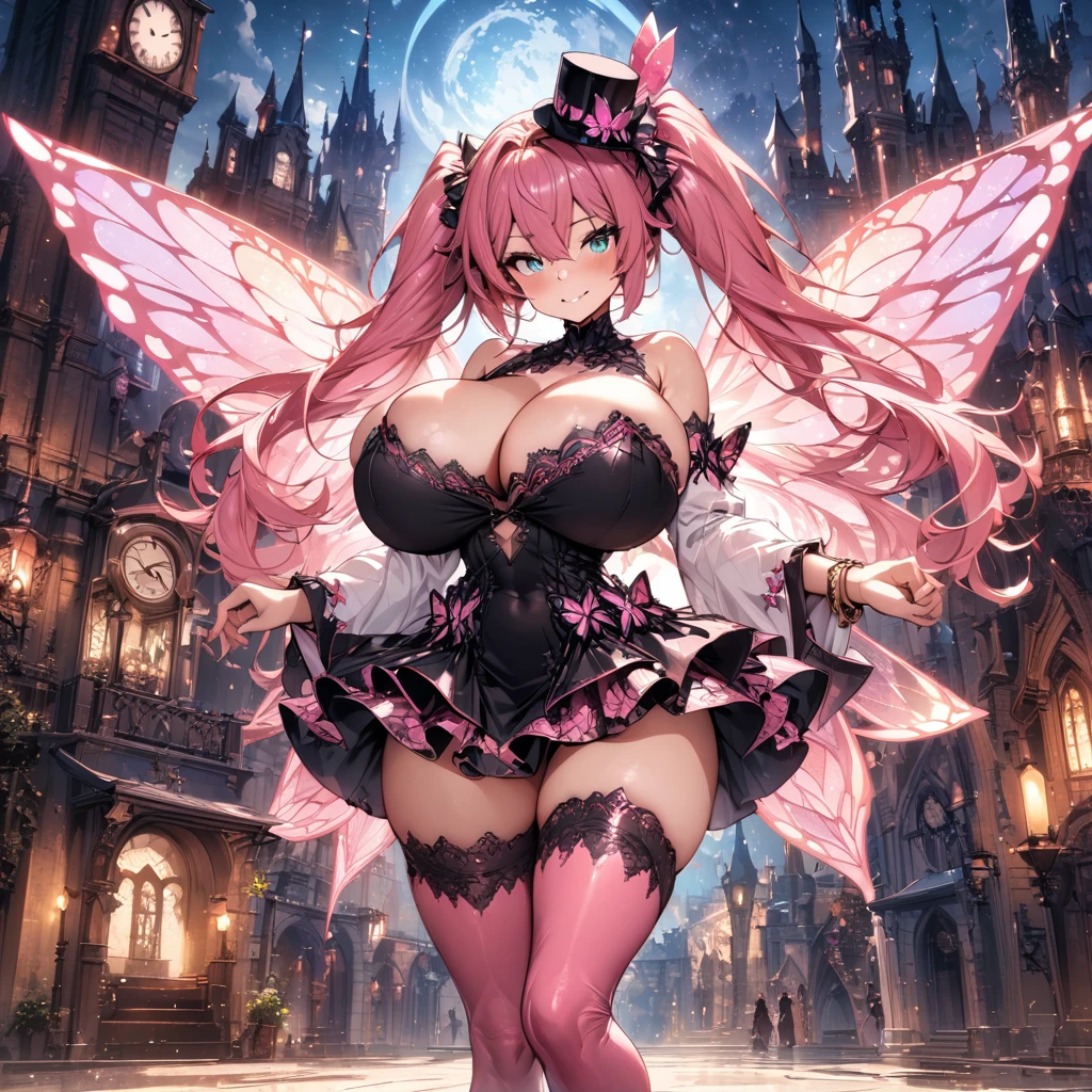 (masterpiece), best quality, expressive eyes, perfect face,(((1girl))),hatsune miku,(mini hat:1.2),(pink and black intricate dress:1.5),(black and pink intricate stockings),detached sleeves,bracelets,big breasts,cleavage,curvy,standing,head tilt,(evil grin),fantasy scenery,castle,clock tower,(night:1.1),(starry sky:1.1),(pink butterfly wings),garterbelt,(particles:0.9),(sparkles:0.9),(glitter:0.9),full body