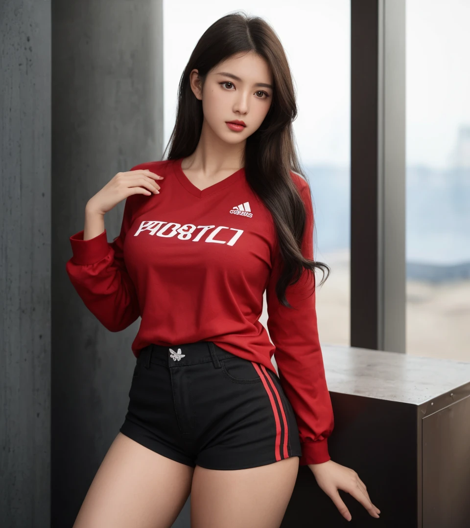 araffe woman in a red shirt and black shorts posing for a picture, sexy girl,Wear a volleyball shirt.,Number 18 ,is, red shirt, Cindy Avelino, Female model, 2 4 years old,gorgeous woman large chest leg opening,