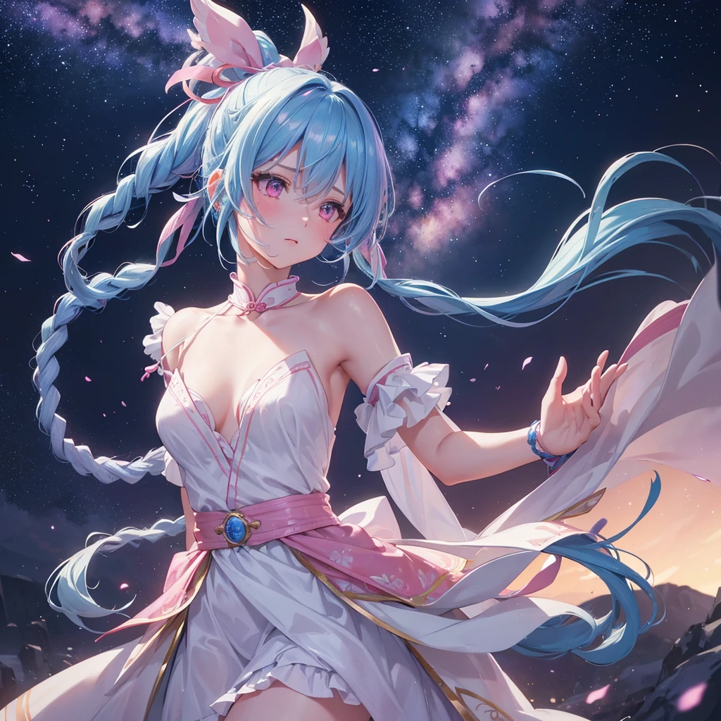 Sky blue hair, (One braided ponytail),(Pink Eyes),Fair skin ,(whole body),(One girl),The goddess,Sky Yue,Tanabata,(The Milky Way in the night sky),Hollow Eyes,Blushing,Straight bangs,(masterpiece, Highest quality, Very detailed, Best Shadow), (Detailed Background), (Beautifully detailed face), High Contrast, (Best lighting, Very delicate and beautiful), ((Cinematic Light)), colorful, Hyper Detail, Dramatic Light, Intricate details,Open your arms