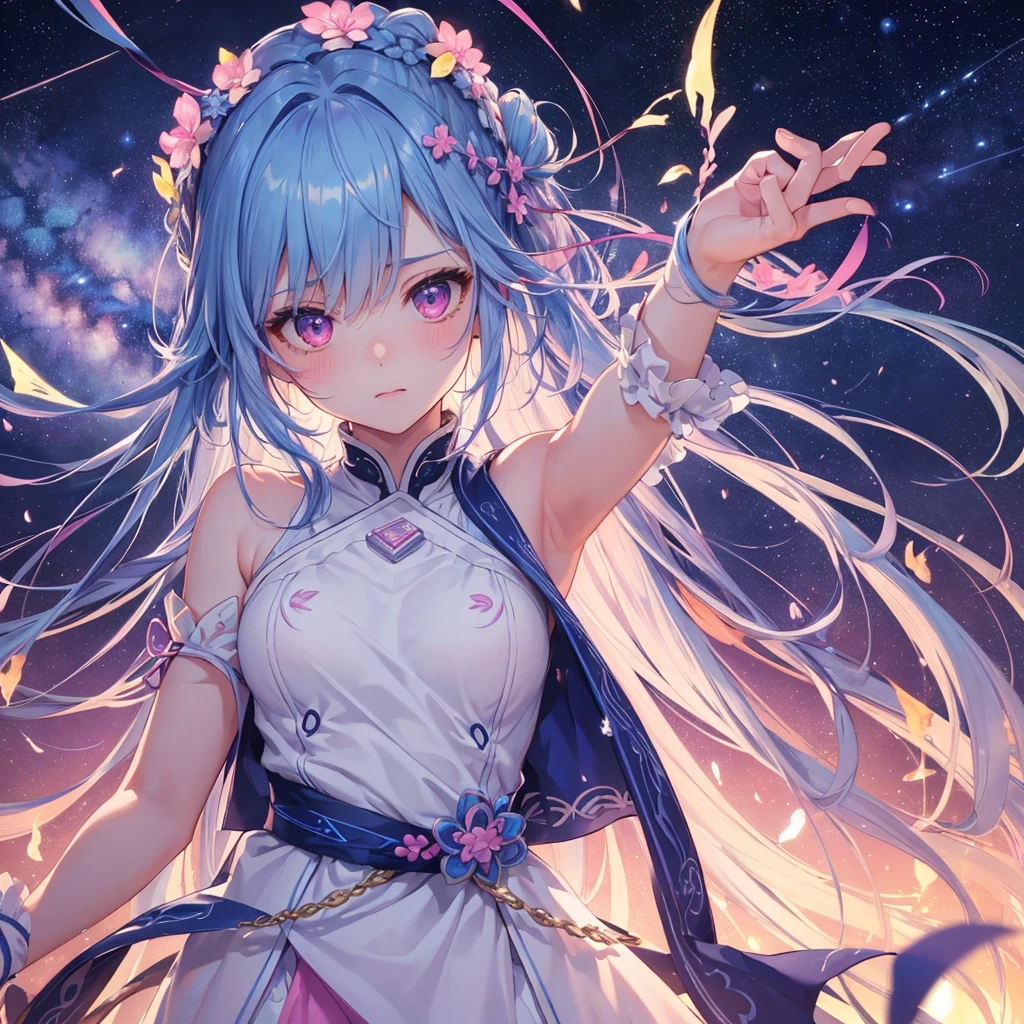 Sky blue hair, (One braided ponytail),(Pink Eyes),Fair skin ,(whole body),(One girl),The goddess,Sky Yue,Tanabata,(The Milky Way in the night sky),Hollow Eyes,Blushing,Straight bangs,(masterpiece, Highest quality, Very detailed, Best Shadow), (Detailed Background), (Beautifully detailed face), High Contrast, (Best lighting, Very delicate and beautiful), ((Cinematic Light)), colorful, Hyper Detail, Dramatic Light, Intricate details,Open your arms