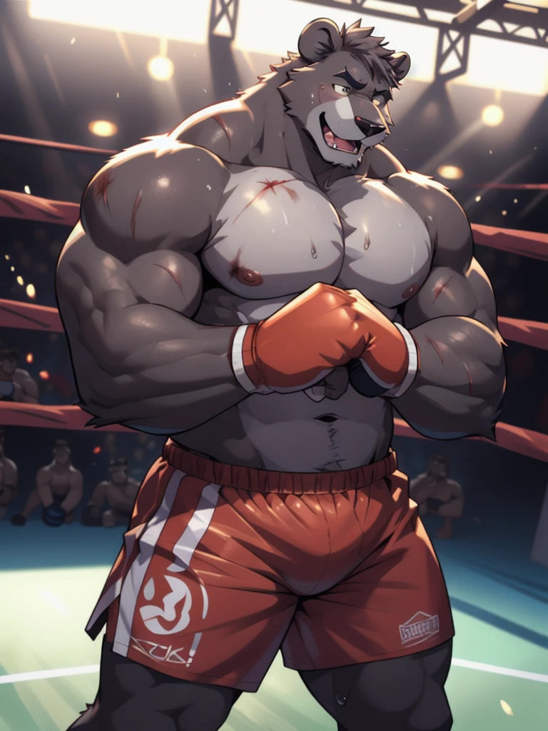 muscular anthro incineroar wearing boxing gloves. 4k, high resolution, best quality, perfect colors, perfect shadows, perfect lighting, posted on e621, furry body, solo, anthro incineroar, body hair, older, male, adult, masculine, (heavily muscular, buff:1.2), bare torso, correct anatomy, (detailed fur, epic, masterpiece:1.2), (detailed gym background, nighttime), sexy shadows, (by takemoto arashi:1, by Taran Fiddler), (boxing shorts:1.2), (detailed eyes:1.2), sweaty:1, sweat:1.2, shiny fur, full body, boxing gloves, kneeling on floor, (sweat:1.4), open mouth, visible breath, exhausted, (arms lowered, arms down:1.1)