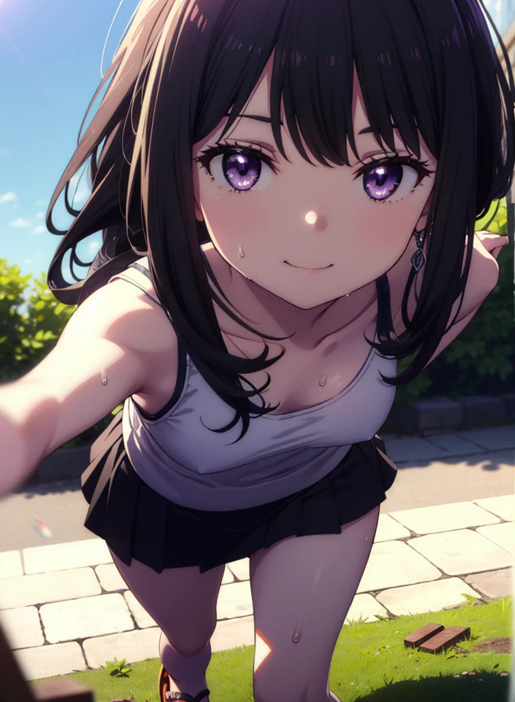 Takiuchikami, Check it out, Long Hair, bangs, Black Hair, (Purple eyes:1.2),happy smile, smile, Close your mouth,Sweat,White Tank Top,mini skirt, Cute Sandals,Walking,Daytime,Clear skies,whole bodyがイラストに入るように,
break outdoors, countryside,
break looking at viewer, whole body,
break (masterpiece:1.2), Highest quality, High resolution, unity 8k wallpaper, (figure:0.8), (Beautiful attention to detail:1.6), Highly detailed face, Perfect lighting, Highly detailed CG, (Perfect hands, Perfect Anatomy),