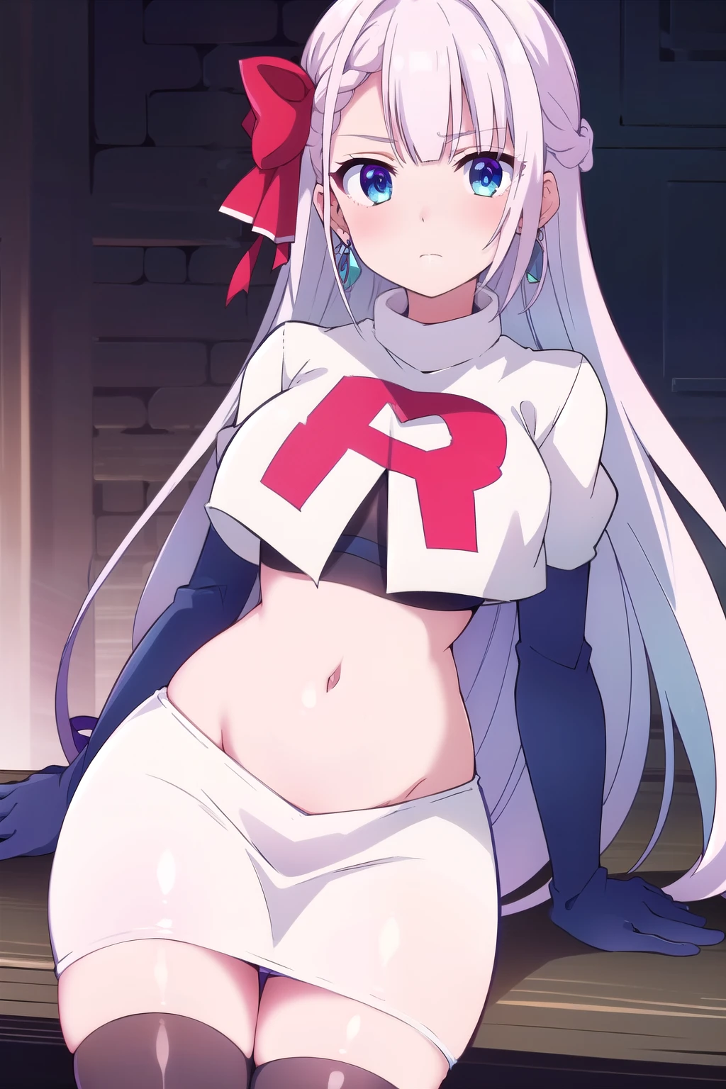 riselia,1girl,solo,braid,earrings,looking at viewer,blue eyes,bangs,ribbon,red ribbon,braided bangs,blush,team rocket,team rocket uniform,white skirt,red letter R,crop top,black thigh-highs,black elbow gloves