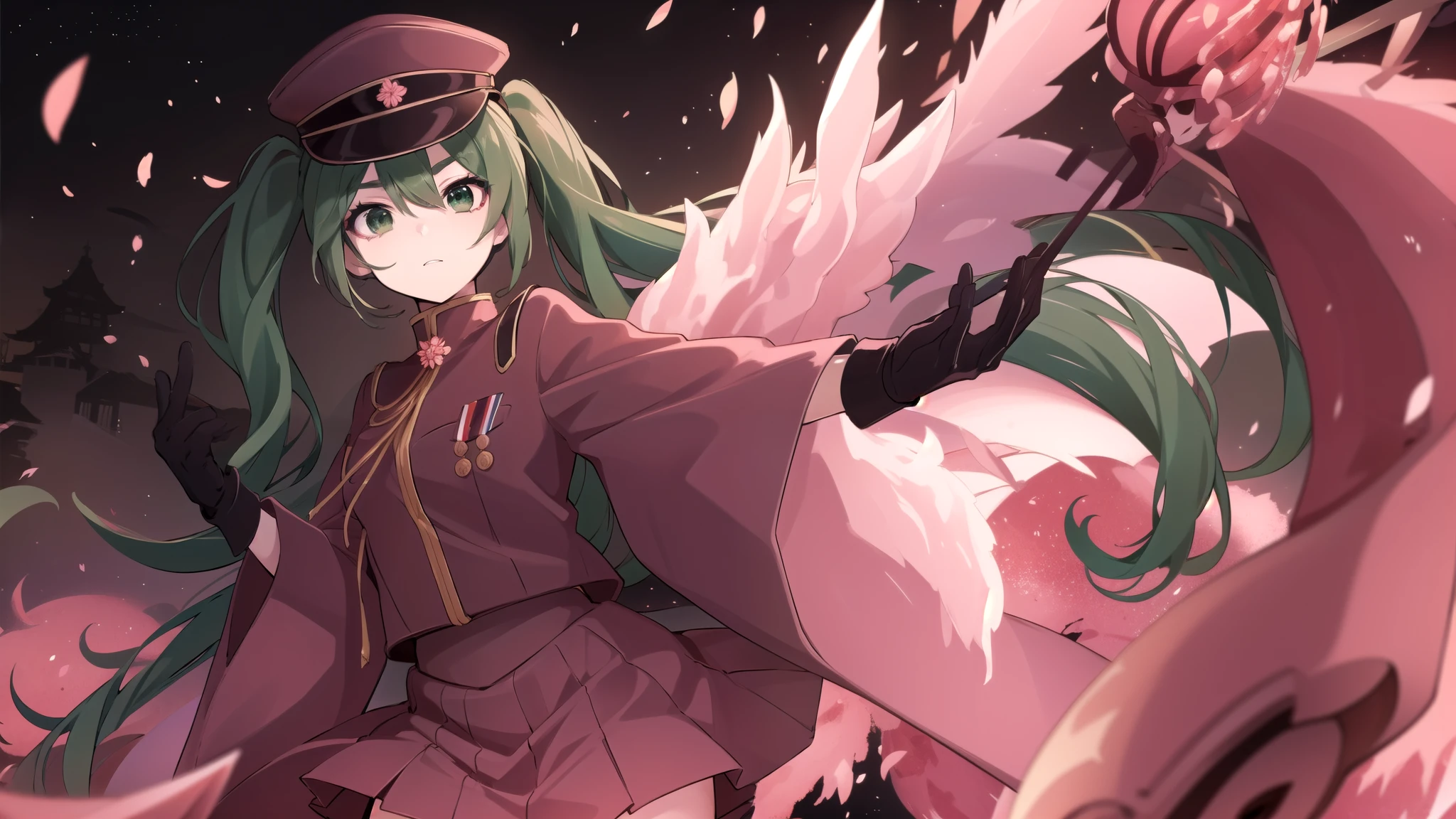 senbon-zakura_(vocaloid),senbonzakuramiku, green hair, twintails, peaked cap, green eyes,military uniform, red jacket, medal, long sleeves, wide sleeves, black gloves, half gloves, red skirt, red thighhighs, Cherry Blossoms,old town of japan\(shadow puppet\),dynamic angle,dynamic pose