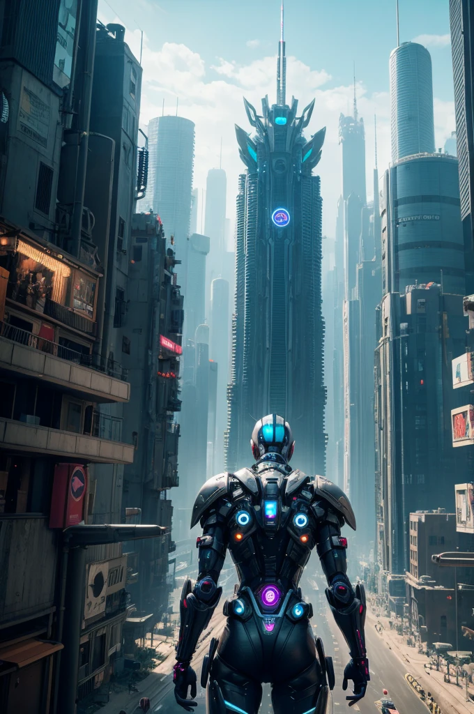 Civepunk city with humanoid robots
