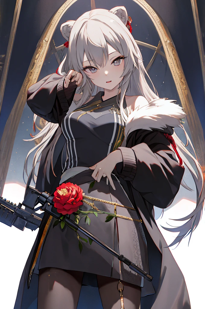masterpiece、Highest quality、Highly detailed face、Highly detailed eyes、Highly detailed background、Perfect lighting、One girl、solo、8K、Peony Costume、Fur trimming、Jacket、Long Hair、Assault rifle
