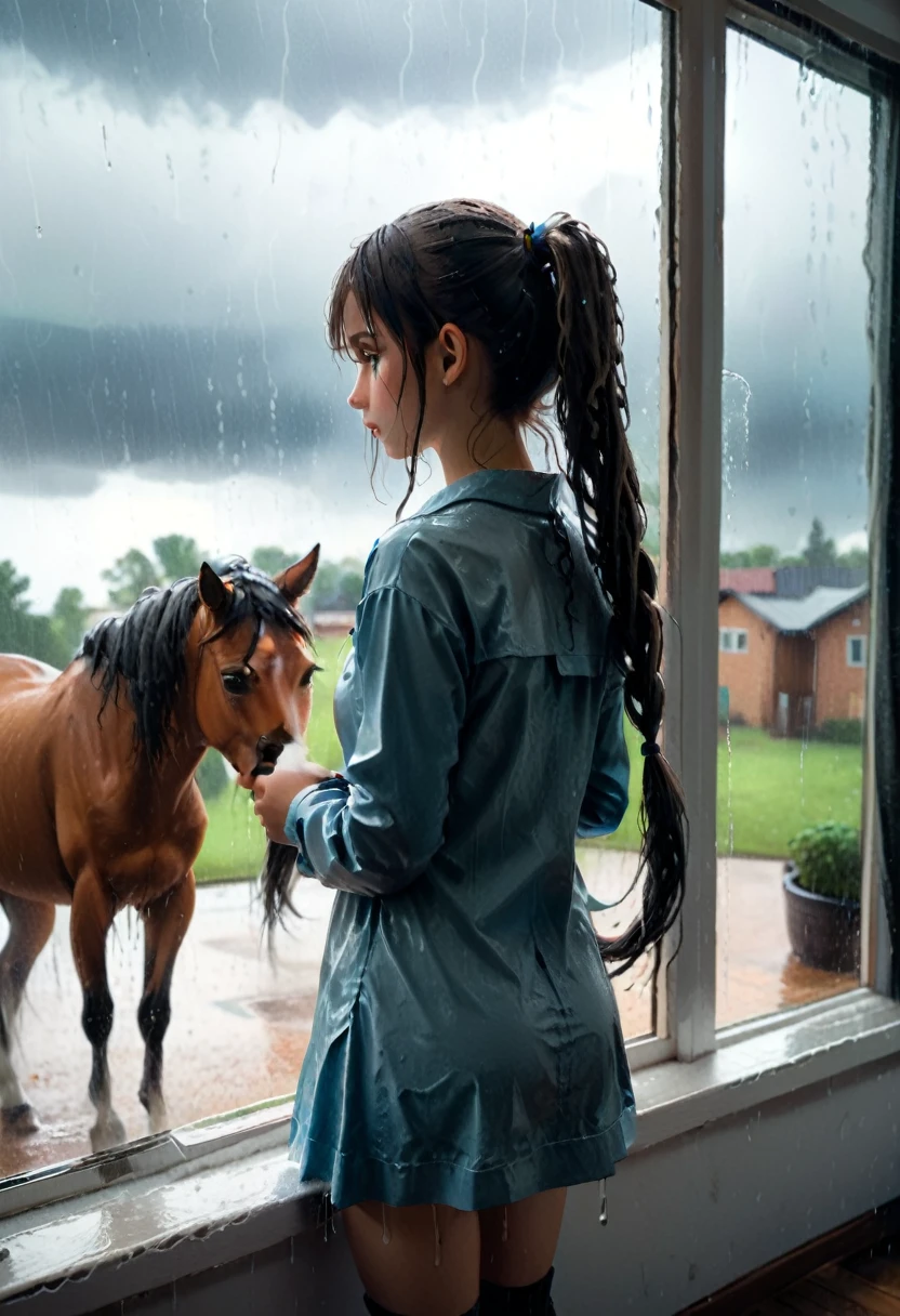 (girl, Twin Tails), The picture mainly describes a girl standing in front of the window, her horse tail is wet by the rain, she quietly looks at the rain outside the window, the background is the soft indoor light in front of the window and the storm outside the window, full body, (Photography, Raw photo), panoramic view, award-winning, cinematic still, emotional, vignette, dynamic, vivid, (masterpiece, best quality, Professional, perfect composition, very aesthetic, absurdres, ultra-detailed, intricate details:1.3)
