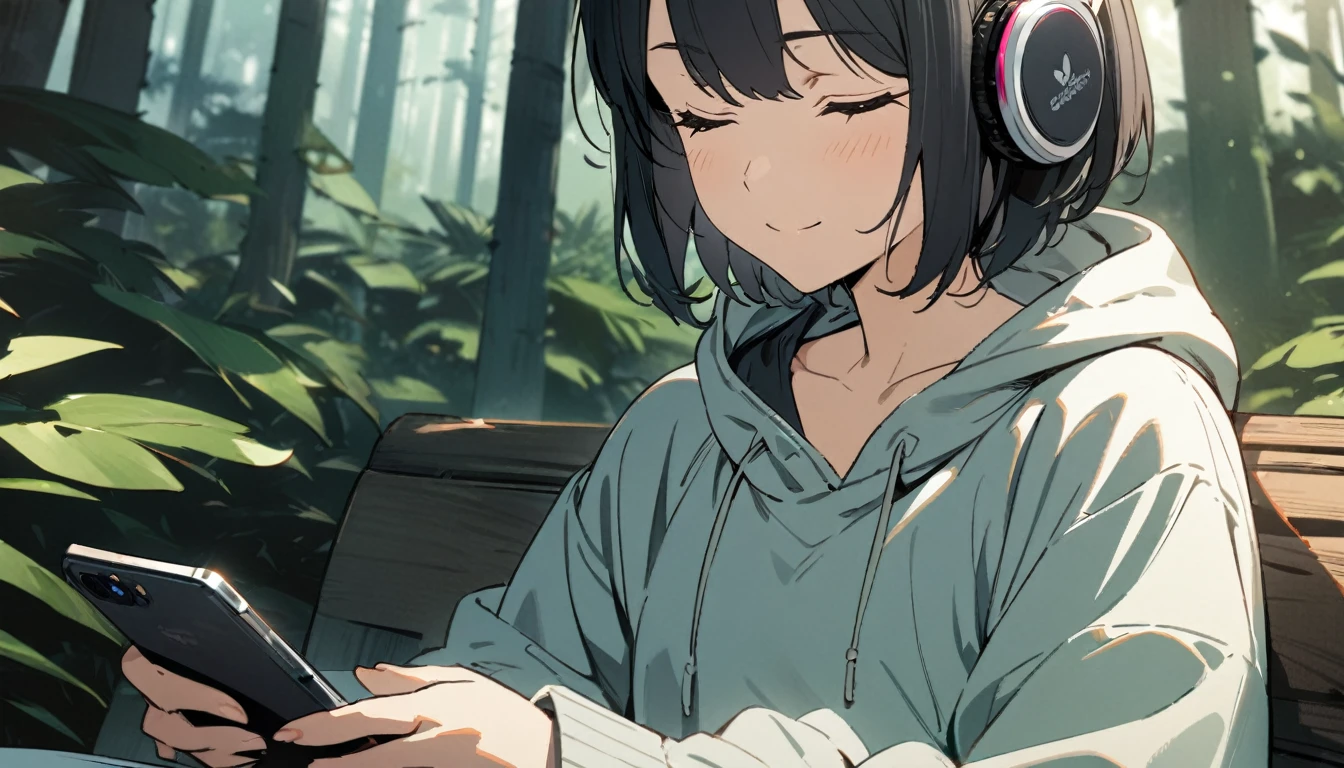 1girl, solo, gentle smile on her face flat chest, short hair, black hair, upper body, ((masterpiece, illustration, best quality)) ((best quality)), ((masterpiece)), (detailed), perfect face, sitting under a forest (Eucalyptus deglupta), listening to music, One woman, wearing headphones, eyes closed, wearing a hoodie