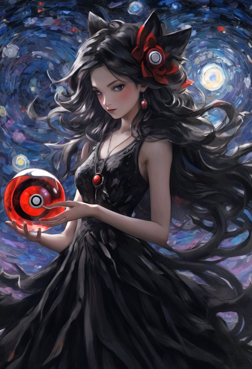 pokemon trainer , pokeball in hand , surrounded by a dark aura on a starry night , black fur , purple and red eyes , with a gray dress , master work , details on clothing , detailed hands , wide