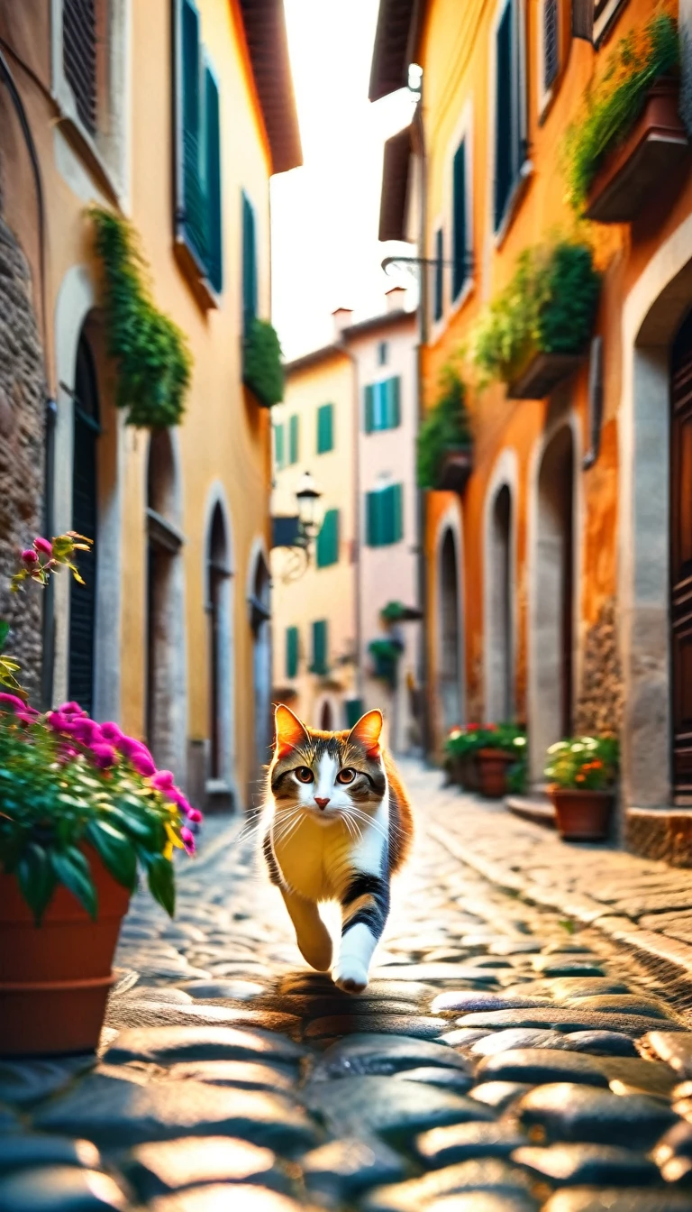 1cat running through the streets of a charming Italian town,,sharp focus,physically-based rendering,extreme detail description,professional,vivid colors,bokeh,street scene,medieval architecture,cobblestone roads,colorful buildings,laundry hanging from windows,potted plants,cats,warm lighting,golden hour,picturesque,cinematic,landscape,photography