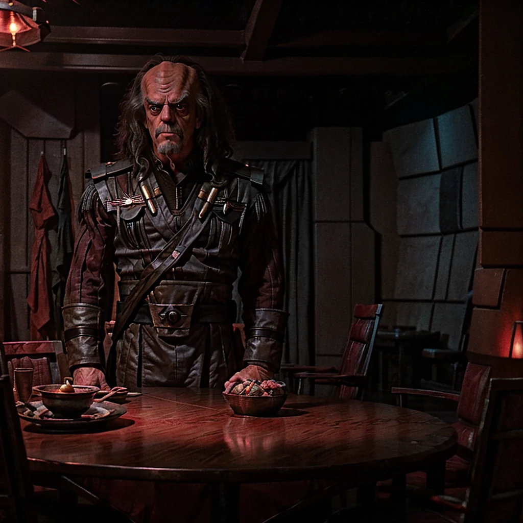 Christopher Lloyd as Klingon General Klang, Setting is a dark rustic gray metal Klingon dining room, volumetric reddish lighting, 35mm grainy film still, shot on V-raptor XL, photorealisim, 64 megapixels 