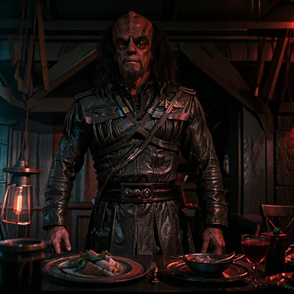 Christopher Lloyd as Klingon General Klang, Setting is a dark rustic gray metal Klingon dining room, volumetric reddish lighting, 35mm grainy film still, shot on V-raptor XL, photorealisim, 64 megapixels 