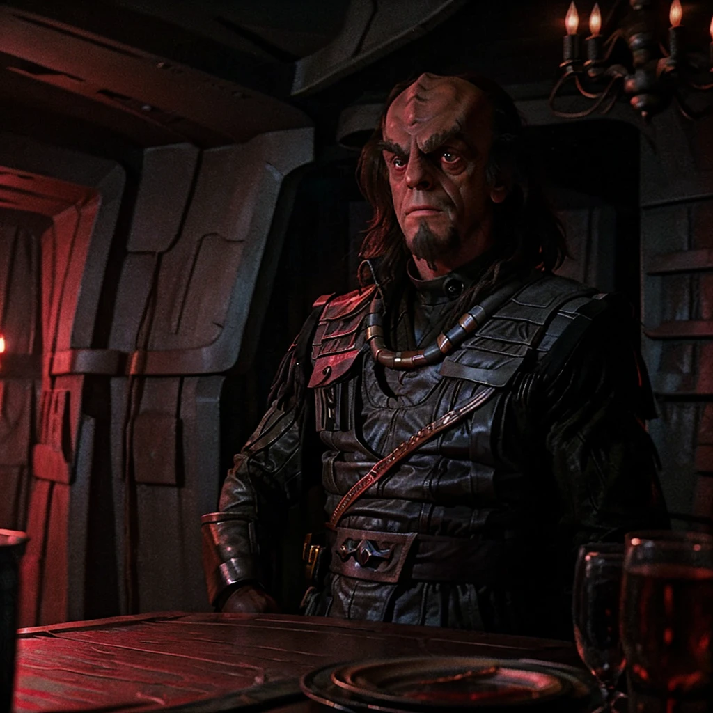 Christopher Lloyd as Klingon General Klang, Setting is a dark rustic gray metal Klingon dining room, volumetric reddish lighting, 35mm grainy film still, shot on V-raptor XL, photorealisim, 64 megapixels 