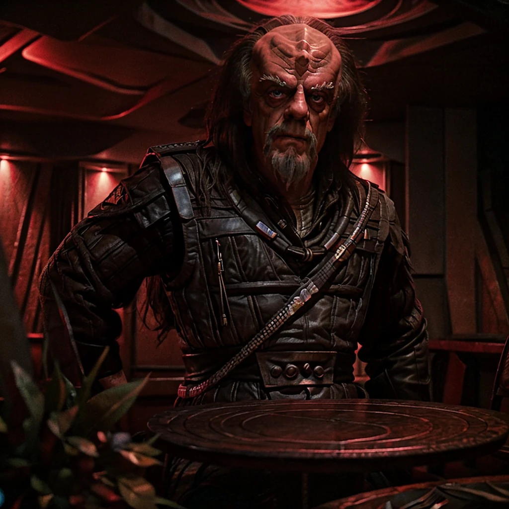 Christopher Lloyd as Klingon General Klang, Setting is a dark rustic gray metal Klingon dining room, volumetric reddish lighting, 35mm grainy film still, shot on V-raptor XL, photorealisim, 64 megapixels 