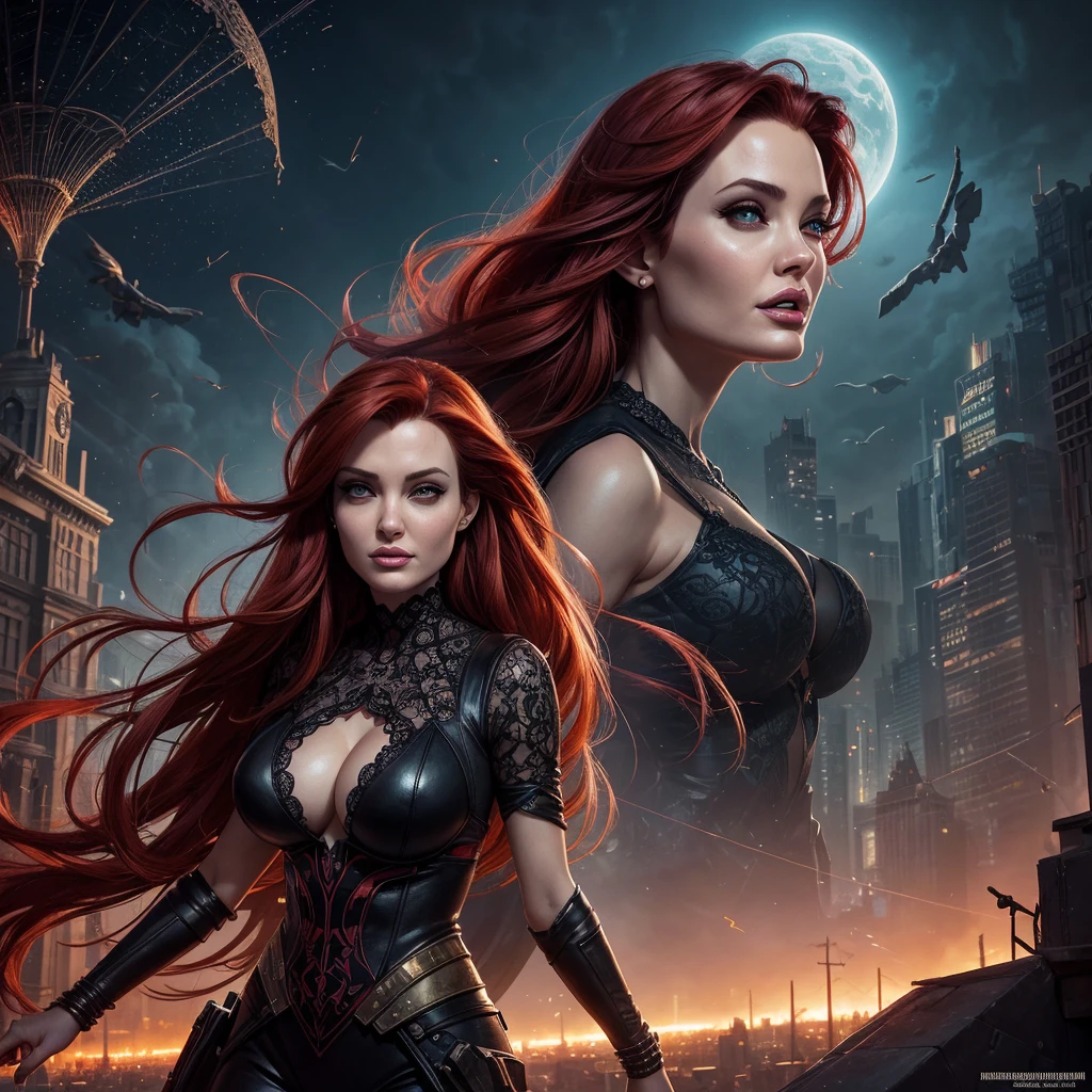 book cover asteroid armaggeddon, , full body of a woman with a stupid face of Winona Ryder morphed with Angelina Jolie with red hair and a city skyline, spider web lace, cracked glass canvas decoration, delight face, extremely laughing, the most gigantic breast, fantasy extremely long hair in the wind, huge moo in the backround, dan mumford tom bagshaw, in style of digital illustration, a beautiful artwork illustration, stunning digital illustration, stylized urban fantasy artwork, detailed matte fantasy portrait, epic portrait illustration, anna dittman, exquisite digital illustration, martin ansin artwork portrait, in style of dark fantasy art, red haired goddess