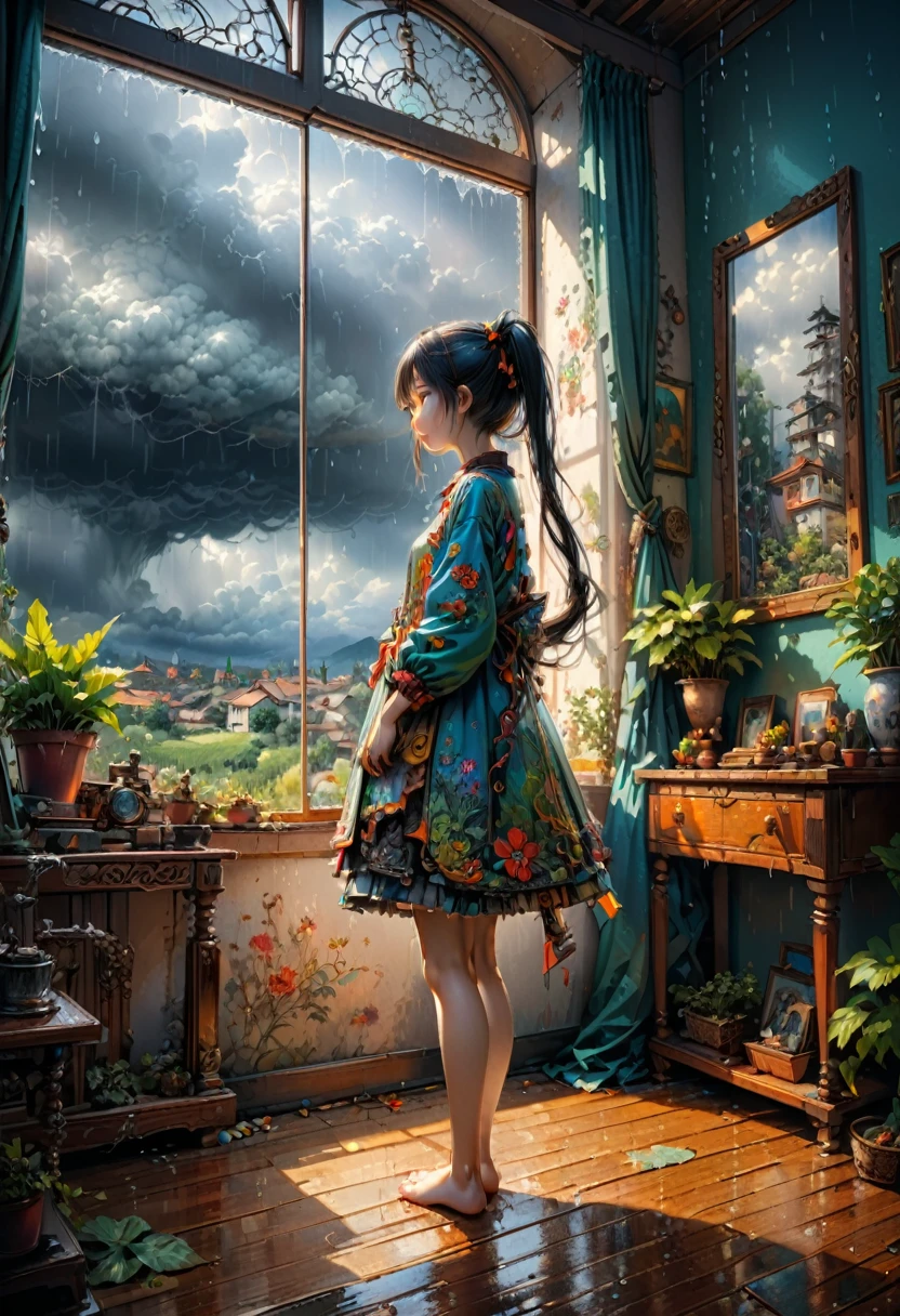 (girl, Twin Tails), The picture mainly describes a girl standing in front of the window, her horse tail is wet by the rain, she quietly looks at the rain outside the window, the background is the soft indoor light in front of the window and the storm outside the window, full body, (Photography, Raw photo), panoramic view, award-winning, cinematic still, emotional, vignette, dynamic, vivid, (masterpiece, best quality, Professional, perfect composition, very aesthetic, absurdres, ultra-detailed, intricate details:1.3)