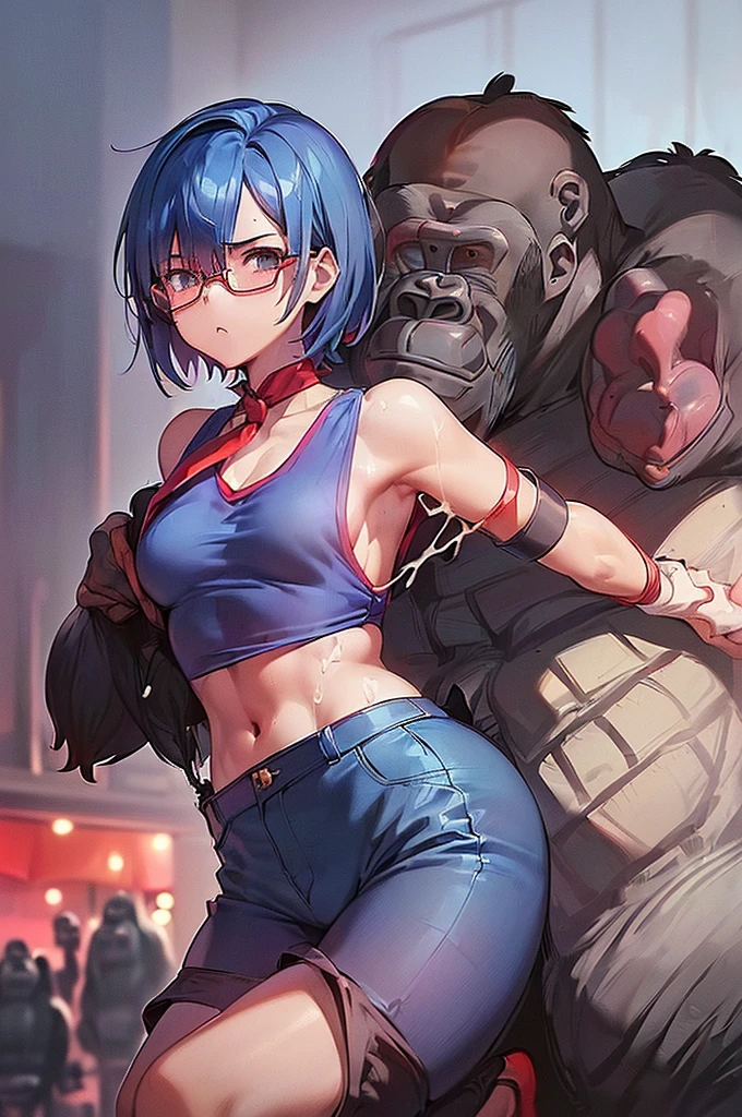 masterpiece, best quality,anime style, 1 girl,(((slender body))), (((small breast))), (((breast milk))),(((Jacket, Open your clothes, Open jacket, Blue jacket, ground vehicle, Sports Bra, bicycle,buruma,glasses))),(((((3 penis monkey grabbing the gir))))), ((((restrained, arms behind back)))),((((cum)))), (beautiful face), (((short hair))), (((straight hair))), ((((blue hair)))),detailed beautiful skin, (perfect hands, perfect anatomy)