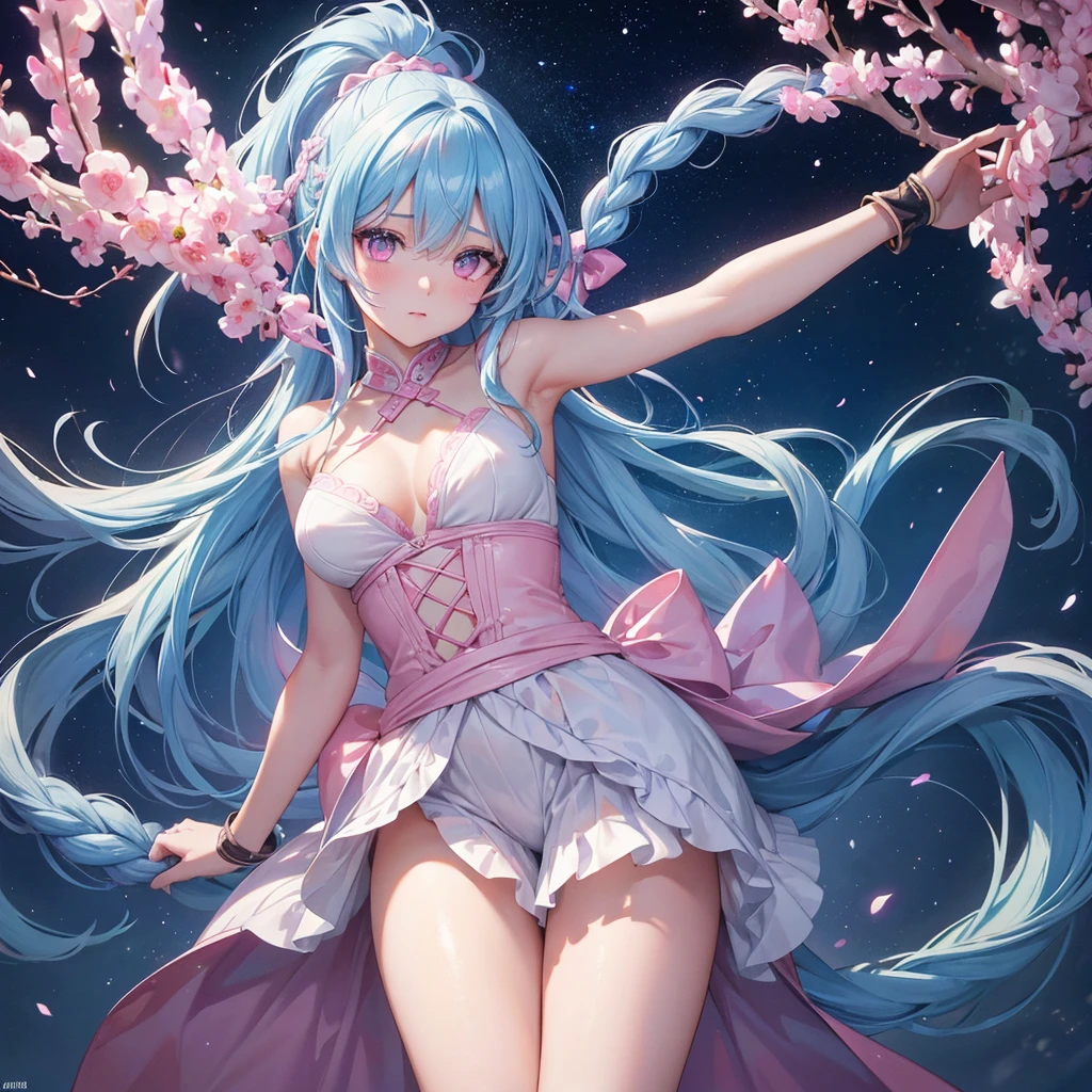 Sky blue hair, (One braided ponytail),(Pink Eyes),Fair skin ,(whole body),(One girl),The goddess,Sky Yue,Tanabata,(The Milky Way in the night sky),Hollow Eyes,Blushing,Straight bangs,(masterpiece, Highest quality, Very detailed, Best Shadow), (Detailed Background), (Beautifully detailed face), High Contrast, (Best lighting, Very delicate and beautiful), ((Cinematic Light)), colorful, Hyper Detail, Dramatic Light, Intricate details,Open your arms