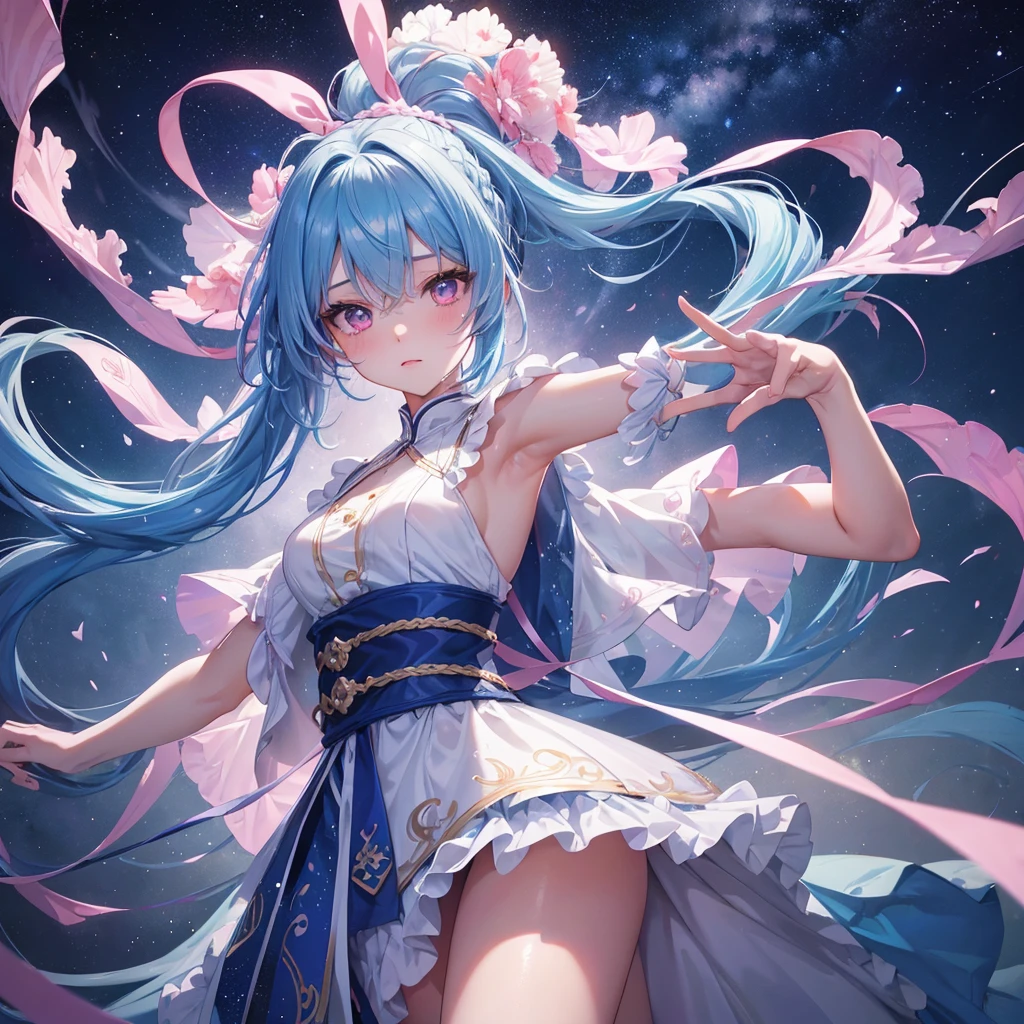 Sky blue hair, (One braided ponytail),(Pink Eyes),Fair skin ,(whole body),(One girl),The goddess,Sky Yue,Tanabata,(The Milky Way in the night sky),Hollow Eyes,Blushing,Straight bangs,(masterpiece, Highest quality, Very detailed, Best Shadow), (Detailed Background), (Beautifully detailed face), High Contrast, (Best lighting, Very delicate and beautiful), ((Cinematic Light)), colorful, Hyper Detail, Dramatic Light, Intricate details,Open your arms